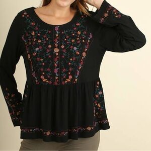 Umgee Embroidered Black Floral Women's Top
